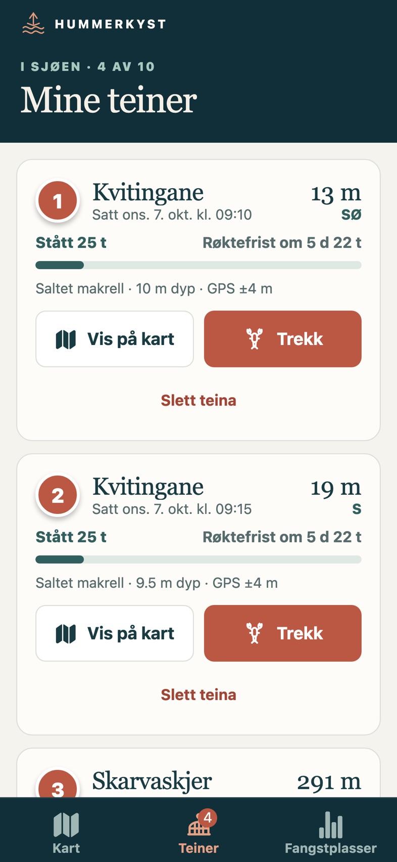 Listen «Mine teiner» med ståtid, røktefrist og knappene «Vis på kart» og «Trekk».