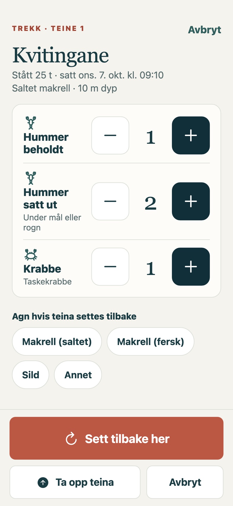 Trekkskjermen: tellere for hummer beholdt, hummer satt ut og krabbe, og knappene «Sett tilbake her» og «Ta opp teina».